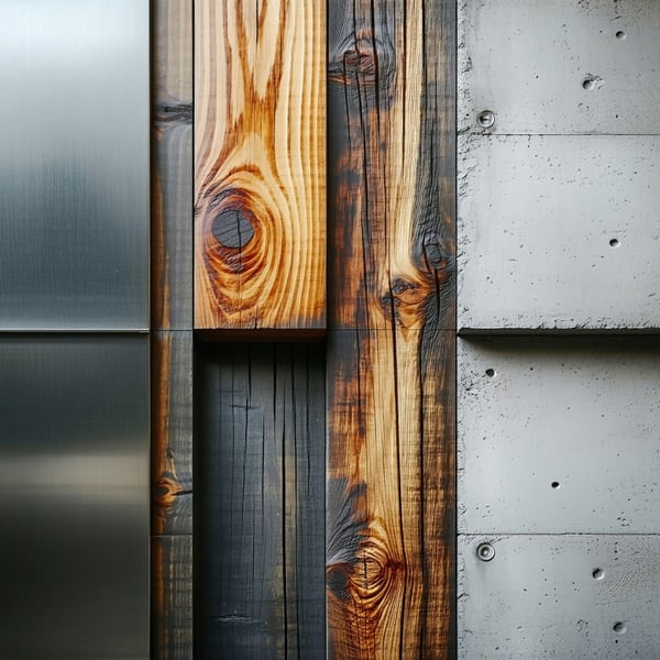 The image presents a visually striking collage that intricately combines three distinct materials the sleek reflective surface of steel characterized by its modern industrial allure the warm organic texture of wood with its rich grains and earthy ton-1
