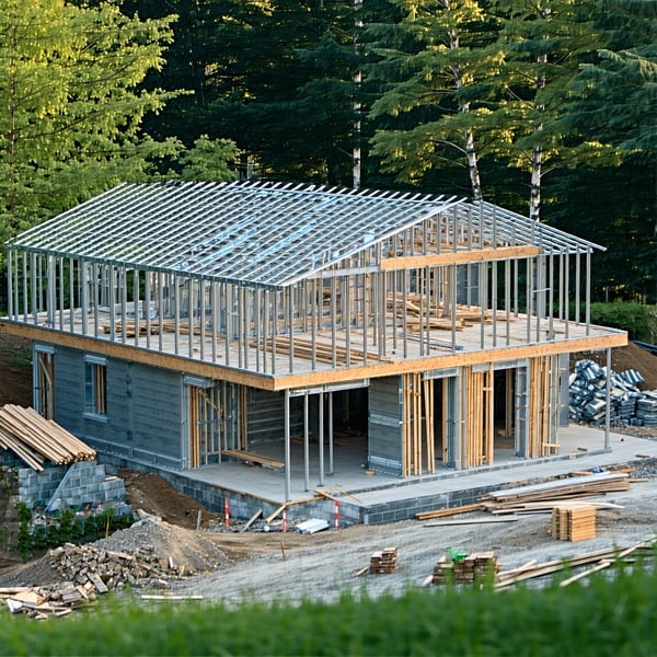 The image shows a modern construction site with a house being assembled Prefabricated steel structures are neatly arranged ready to be assembled The scene is illuminated by natural light highlighting the ecofriendly materials used highlighting the us-1