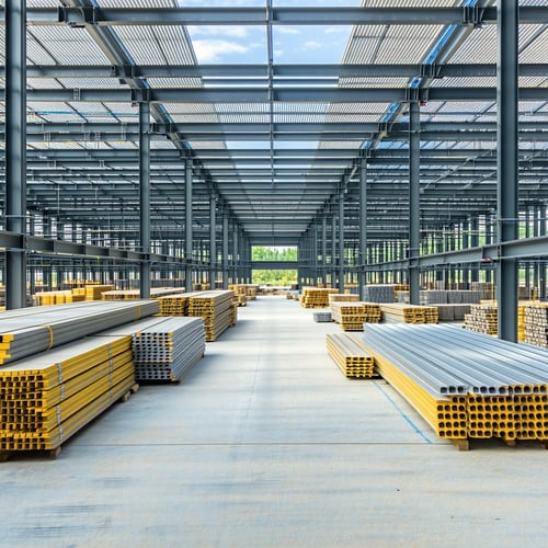 The image shows a modern dry construction site characterized by an orderly and quiet environment Prefabricated steel structures are meticulously arranged ready for assembly-3