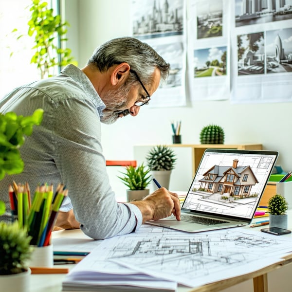 The image shows an architect from behind working in a bright modern office with green plants and miniature architectural models On the table sketches and construction plans are scattered next to an open laptop showing a 3D design of an elegant house