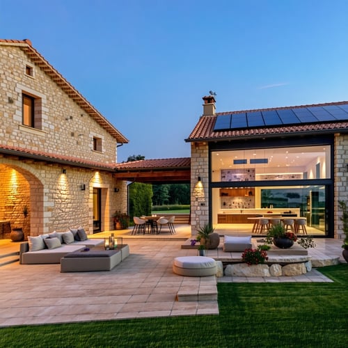 The image shows an extended country house with a stone facade that retains traditional architectural elements such as exposed wooden beams and terracotta floors Next to the original structure a modern addition in glass and metal blends in harmoniousl
