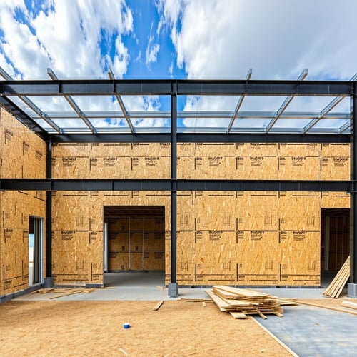 The image shows an unfinished building under construction with a steel framework supporting a roof and walls made of plywood The sky is partly cloudy and the ground is covered with wooden planks